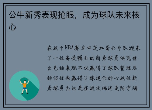 公牛新秀表现抢眼，成为球队未来核心