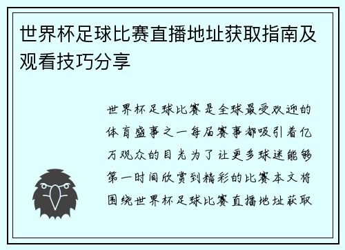 世界杯足球比赛直播地址获取指南及观看技巧分享